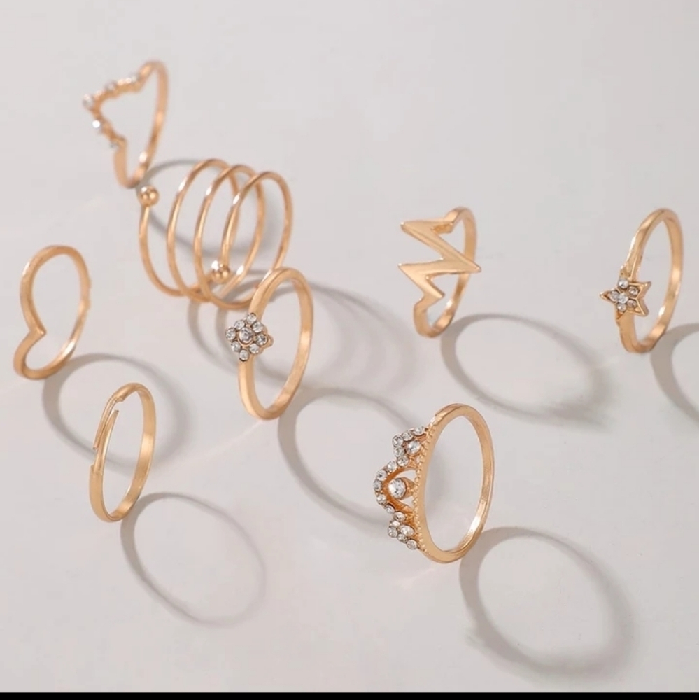 Gold Rhinestone Stacking‎ Midi Finger Multi Size 8pc Ring Set NEW - Picture 3 of 8